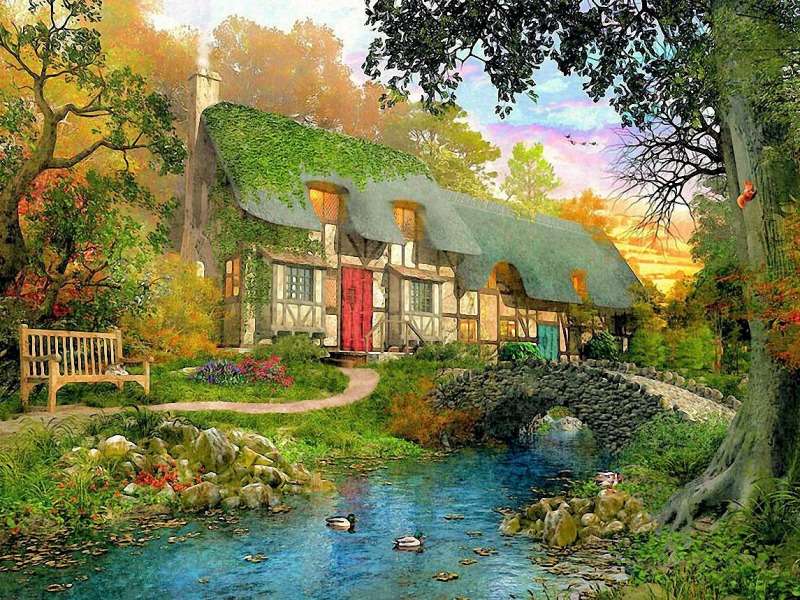 Little Stream Cottage- Lovely little house by the stream jigsaw puzzle online