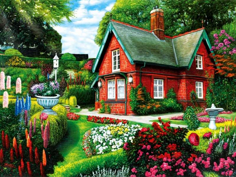 Una fabulosa casa roja en un hermoso jardín. rompecabezas en línea