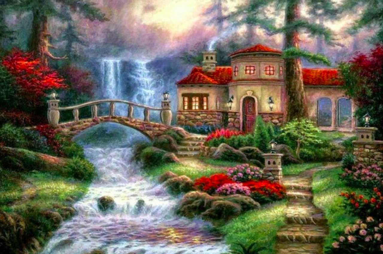 Ett vackert hus vid ett vackert vattenfall, utsikten är fantastisk pussel på nätet