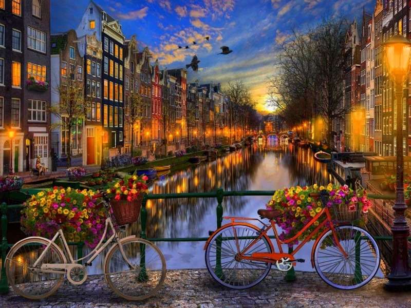 Amsterdam ve večerních hodinách, okouzlující ulice online puzzle