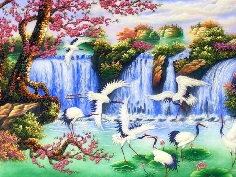 Vale da cascata com pássaros puzzle online