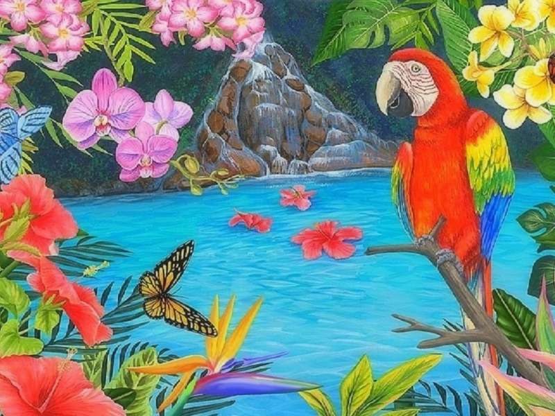 Een prachtige papegaai in zijn tropische paradijs legpuzzel online