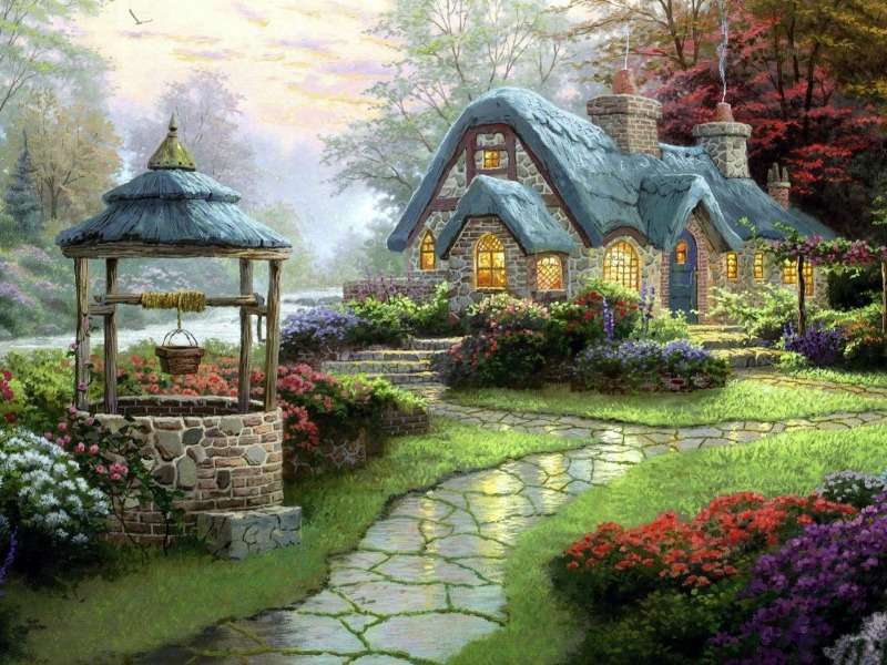 Schönes Haus, Garten, Brunnen, märchenhafte Landschaft Online-Puzzle
