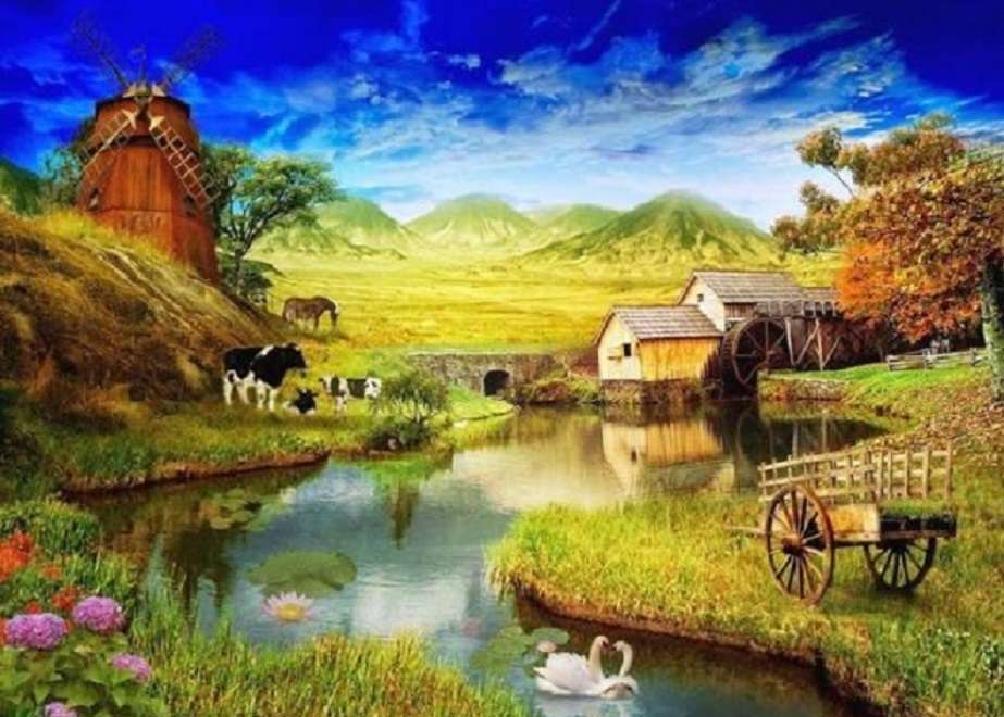Селски пейзаж с малка река онлайн пъзел