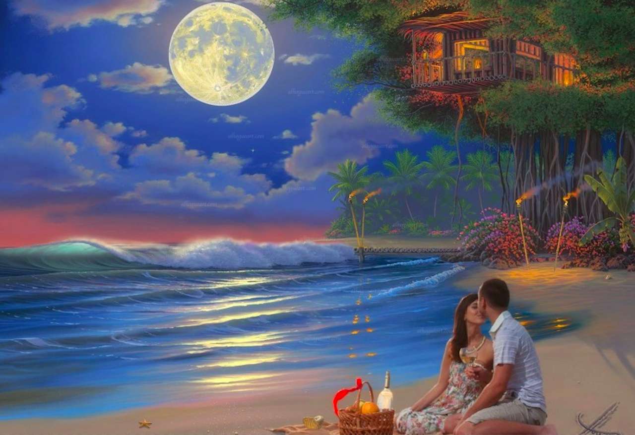 Un picnic lunar en una playa paradisíaca rompecabezas en línea