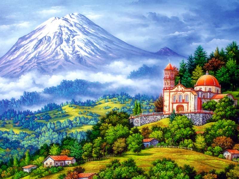 Ett tempel och en liten by bredvid vulkanen pussel på nätet