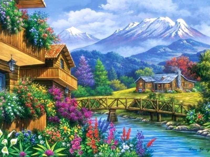 Cottage con vista sulle bellissime montagne puzzle online
