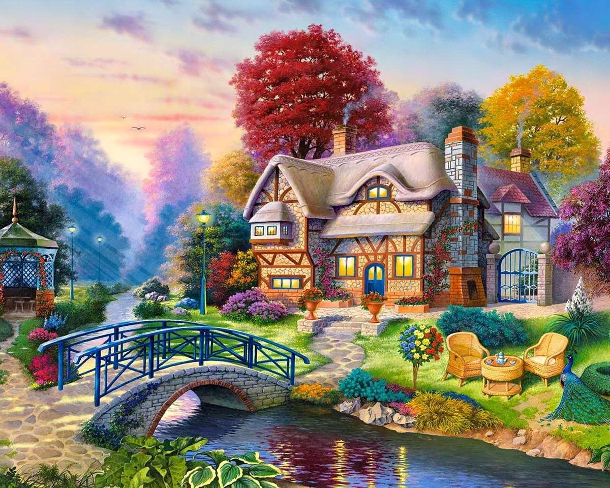 Una vista favolosa: una casa e un piccolo fiume puzzle online