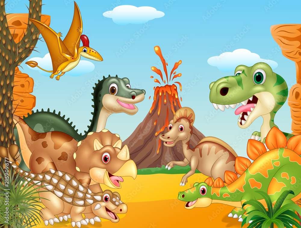 Cartoon - Glückliche Dinosaurier mit einem Vulkan Online-Puzzle