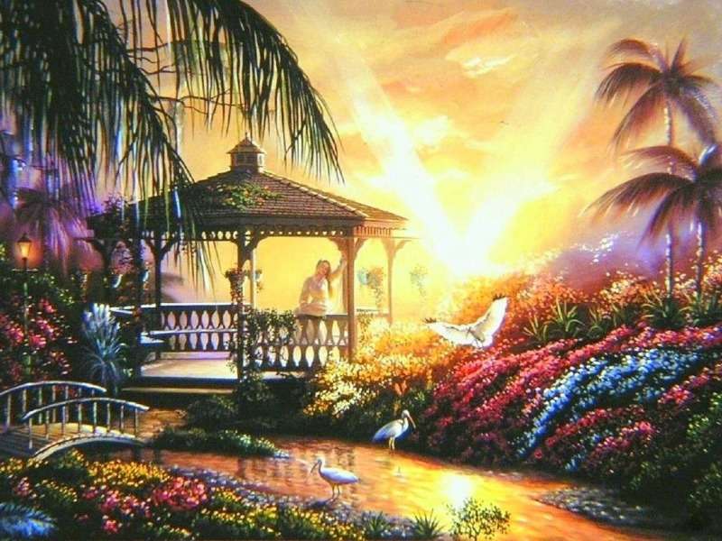 Ein wunderschöner Pavillon, charmante Ibisse in einem wunderschönen Garten Puzzlespiel online