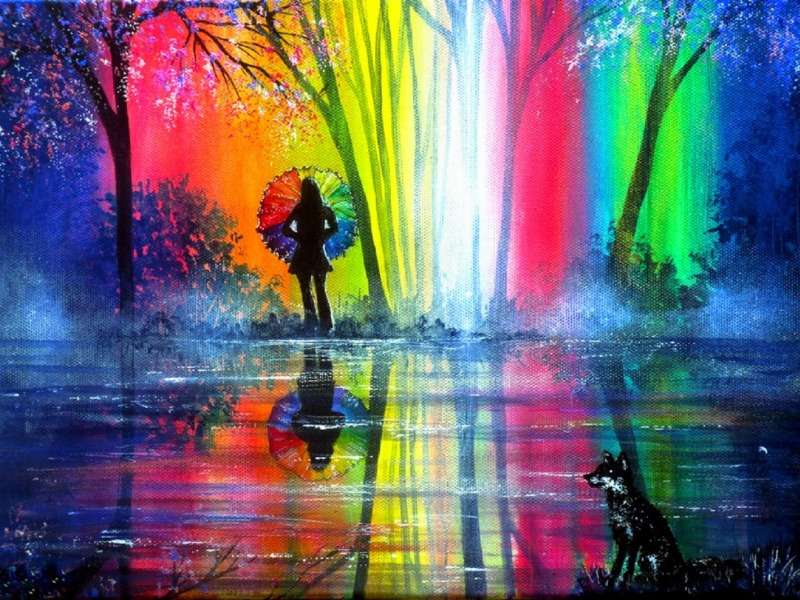 Alberi arcobaleno sotto la pioggia puzzle online