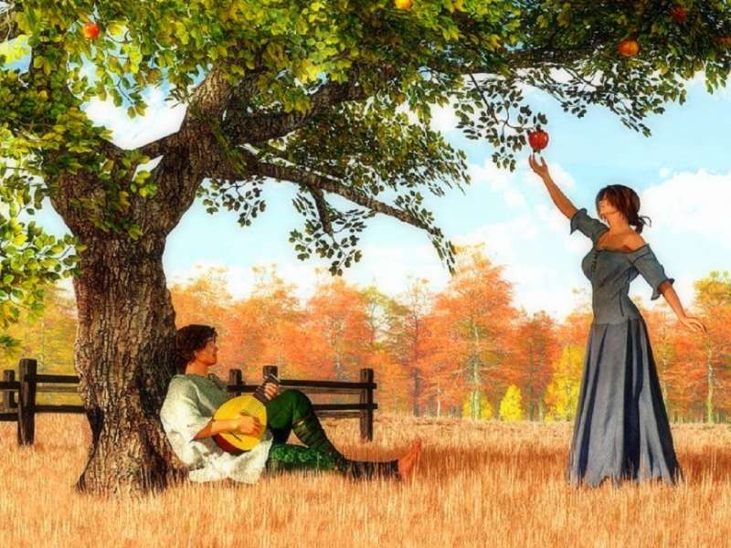 Любовь под яблоней, романтическая встреча пазл онлайн
