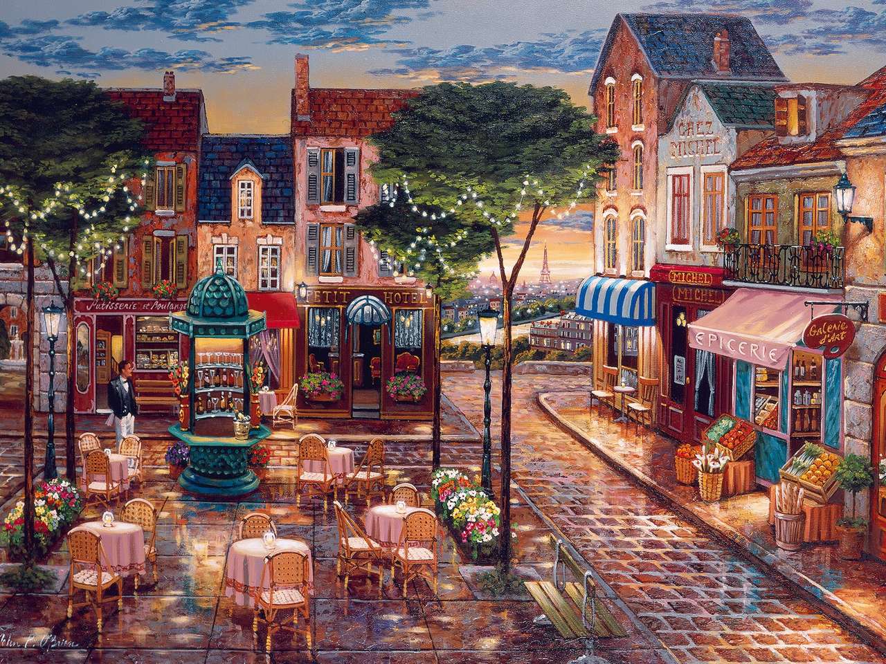 Cobbled street with a cafe online puzzle