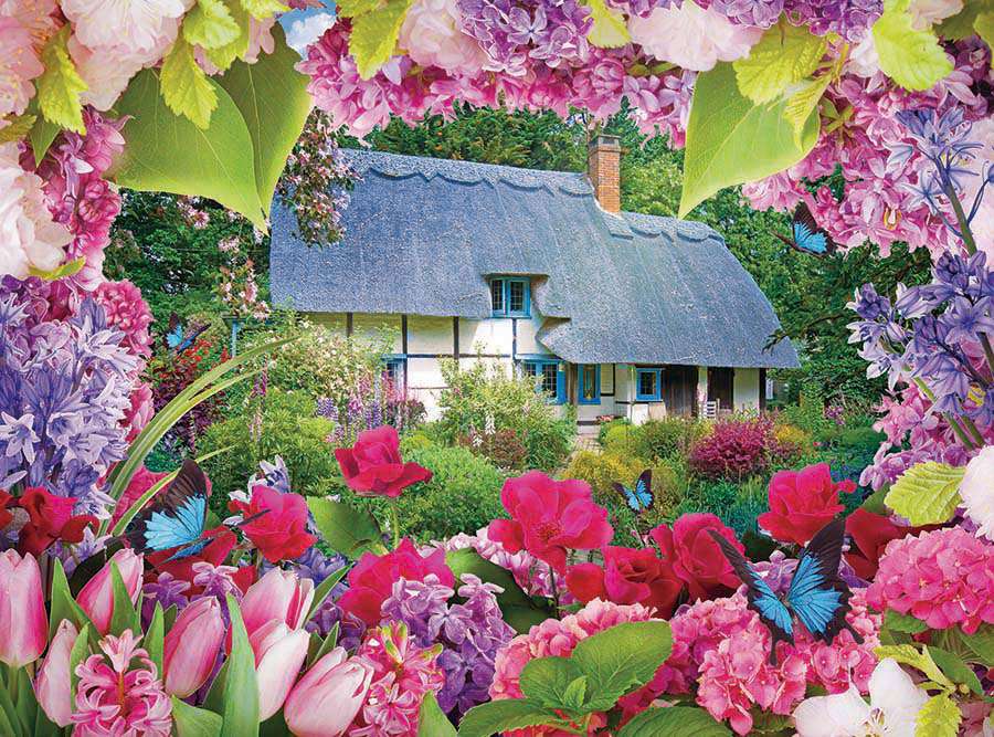 Cottage in Blumen auf dem Land Online-Puzzle