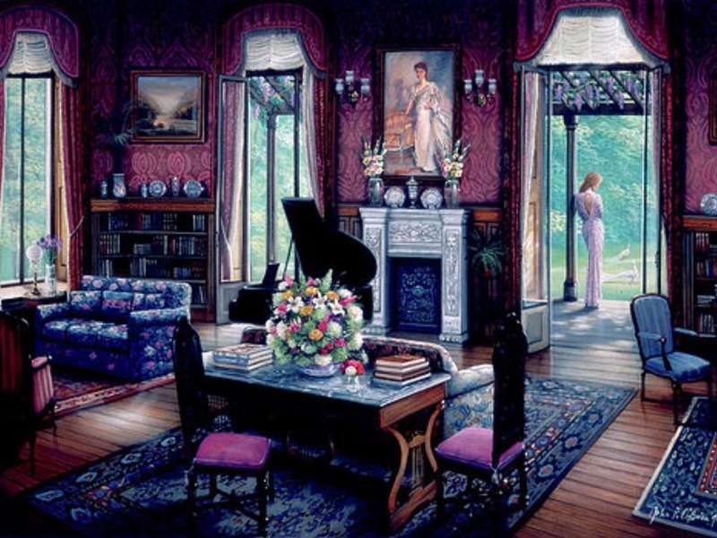 En ensam dam med minnen i ett vackert vardagsrum Pussel online