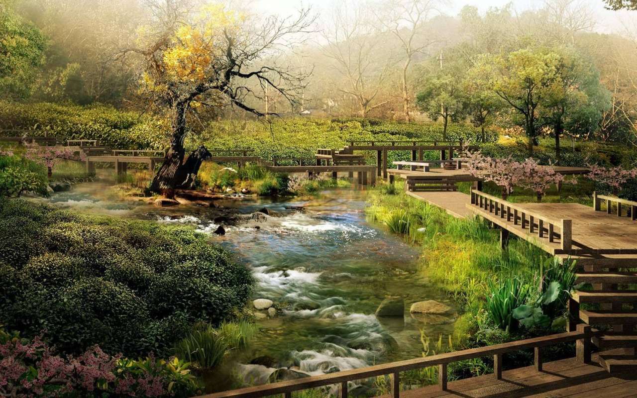Γραφικό τοπίο δίπλα στο ποτάμι, υπέροχη θέα παζλ online