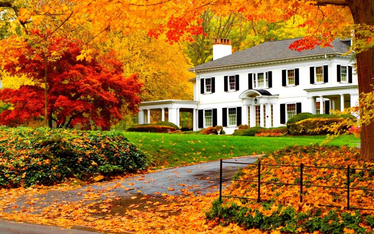 Une belle maison blanche dans une robe rouge d'automne puzzle en ligne