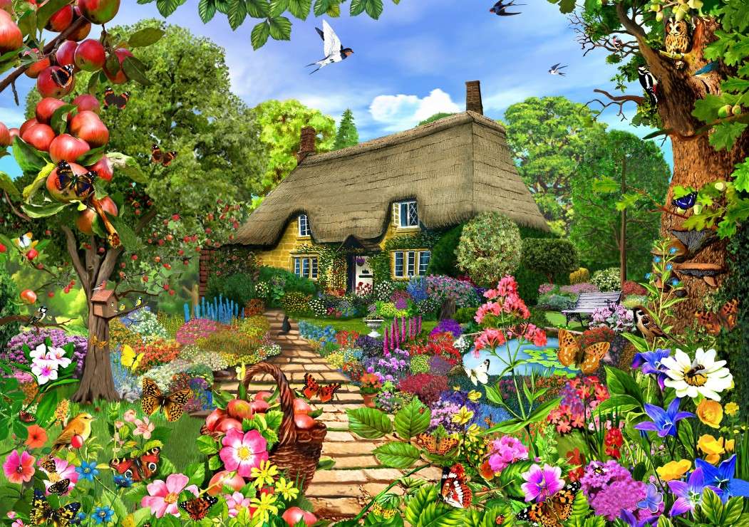 εξοχικό σπίτι και τον ανθισμένο κήπο του online παζλ