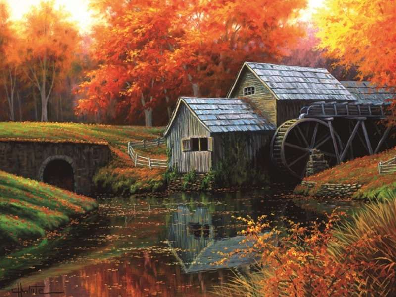 Belo moinho antigo na temporada de outono quebra-cabeças online