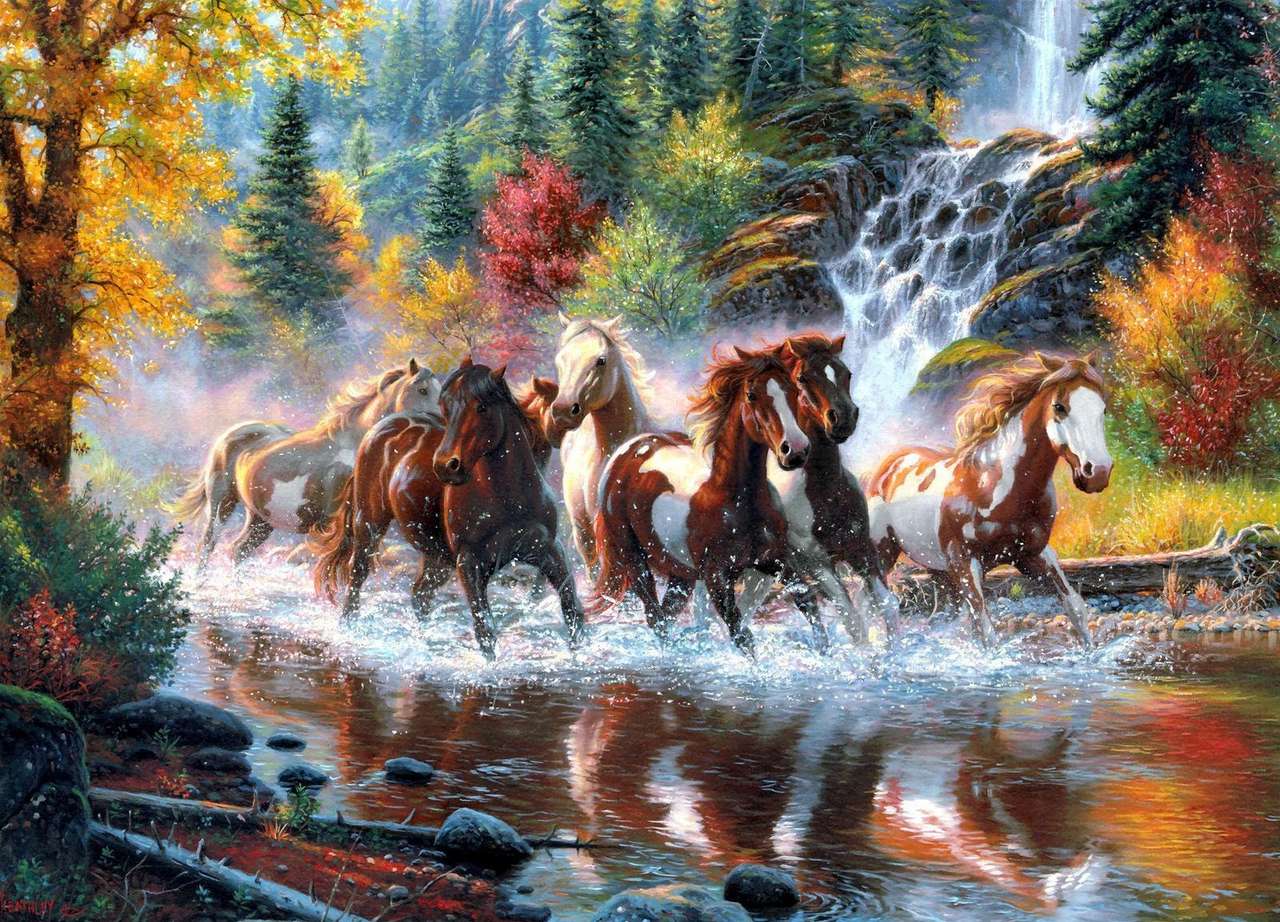 Коні біжать у воді онлайн пазл