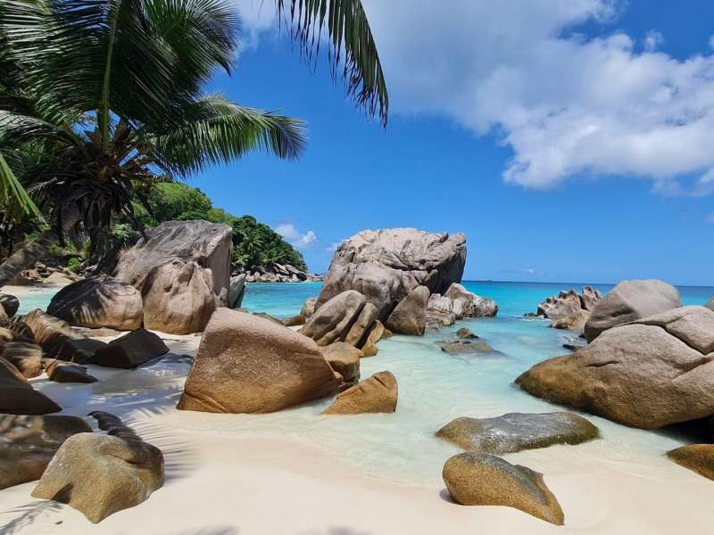 Seychellerna-La Digue - en vacker vit strand pussel på nätet