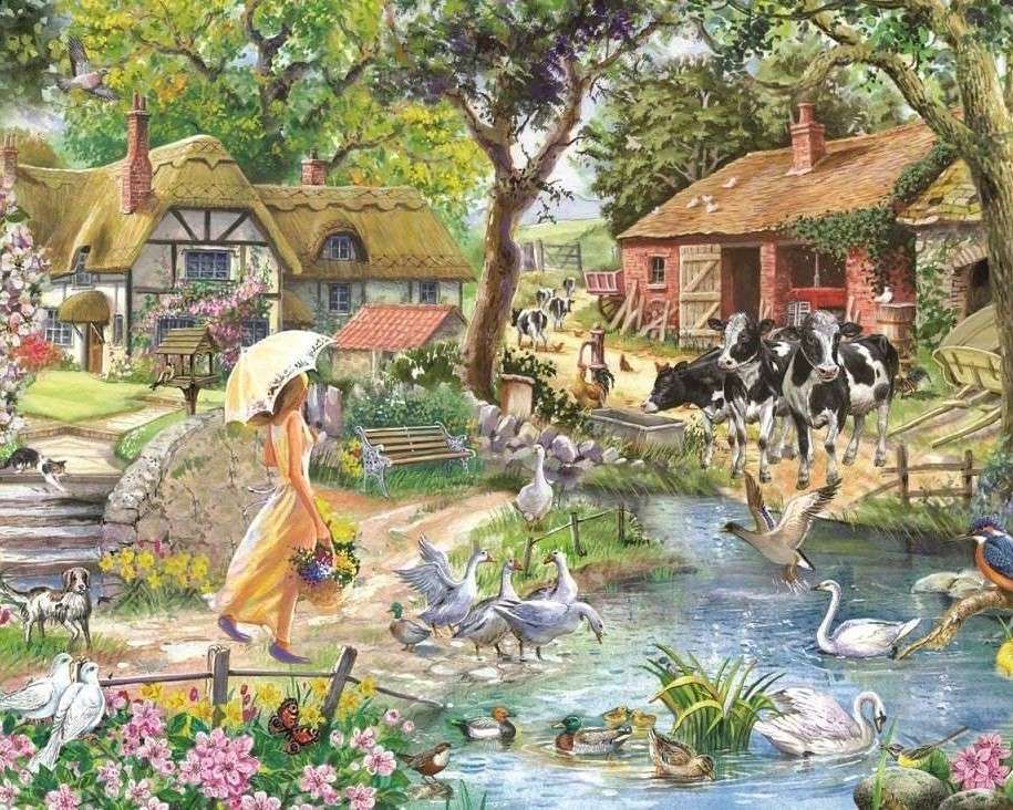 Een boerderij op het platteland met een vijver legpuzzel online