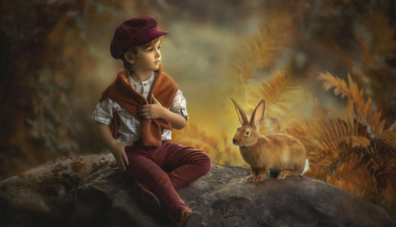 Chlapec s králíkem na skále online puzzle