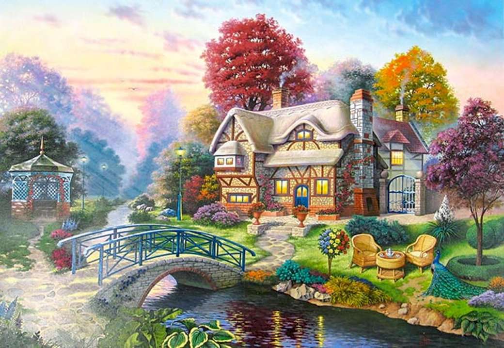 Haus am Fluss und einer Brücke Online-Puzzle