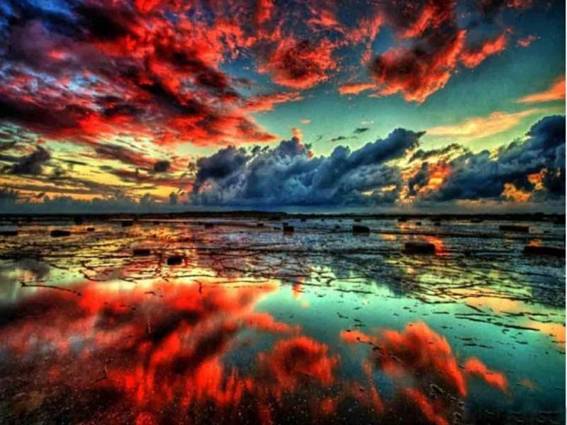 Red sunset over the lake - Red sunset and lake puzzle online