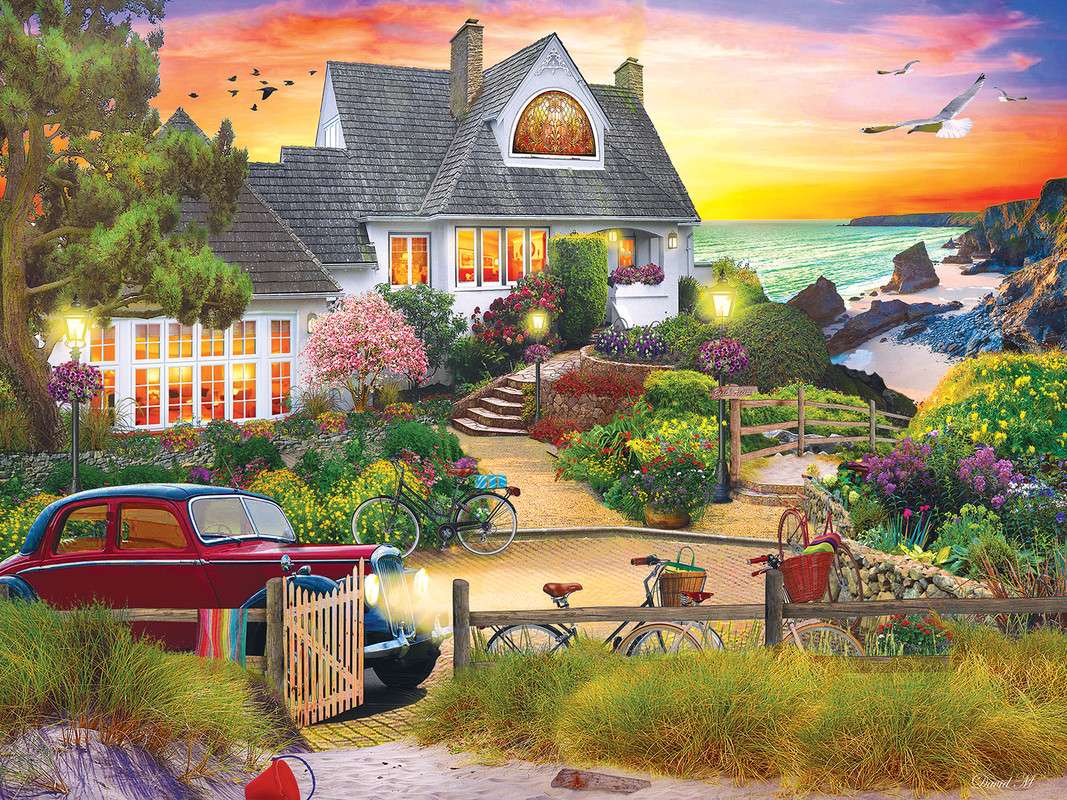 Ein schönes Haus auf einem Hügel am Meer - eine wunderbare Aussicht Online-Puzzle