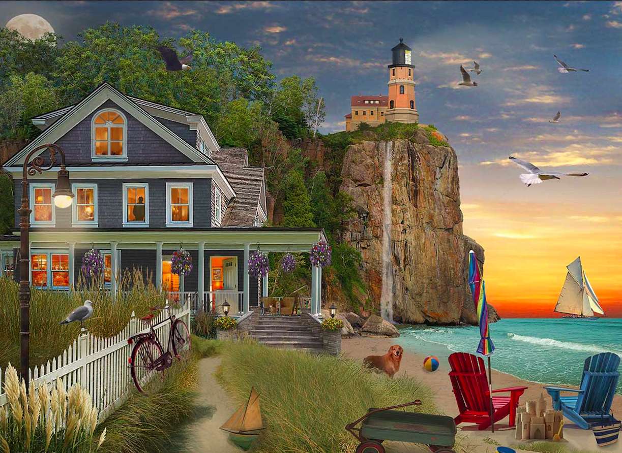 Пляж, маяк, красивий будинок під повним місяцем пазл онлайн