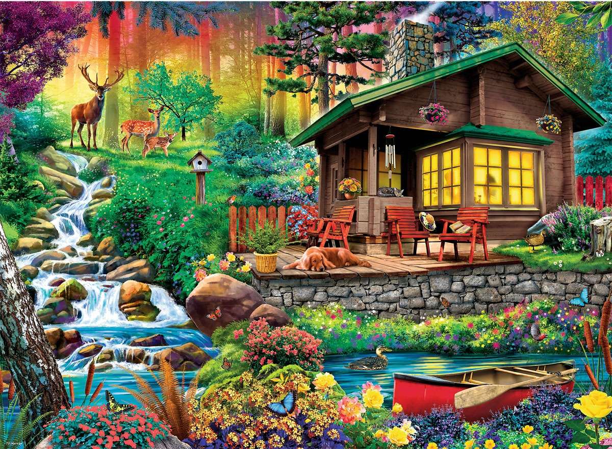 A cottage in the forest in the evening jigsaw puzzle online