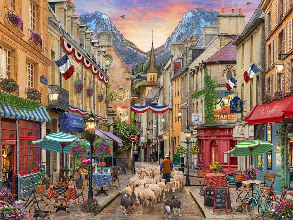 Das Zentrum eines französischen Dorfes und eine Herde Lämmer :) Puzzlespiel online