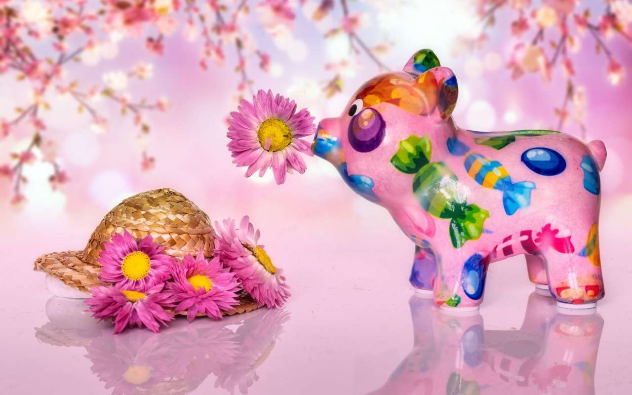 Porco rosa em uma terra rosa, bela composição quebra-cabeças online