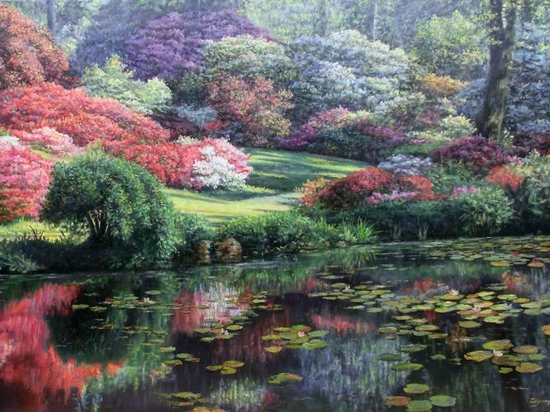 Die Schönheit des Sees in einem farbenfrohen Park Online-Puzzle
