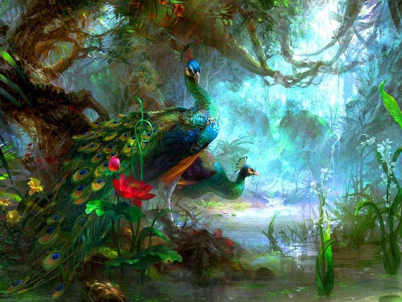 Floresta de pavão de conto de fadas, delícias de beleza puzzle online