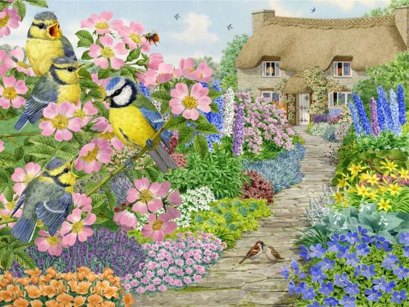 Vårträdgård full av färger, underbar atmosfär Pussel online