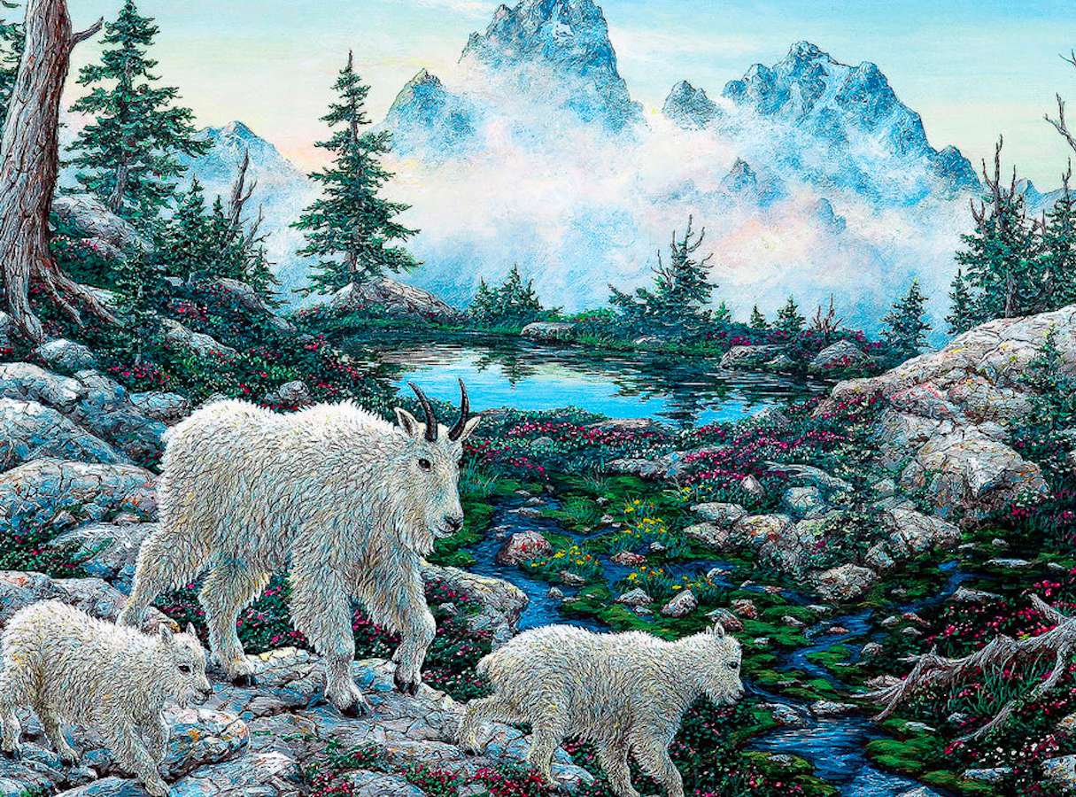 Terra alpina com cabras montesas nela puzzle online
