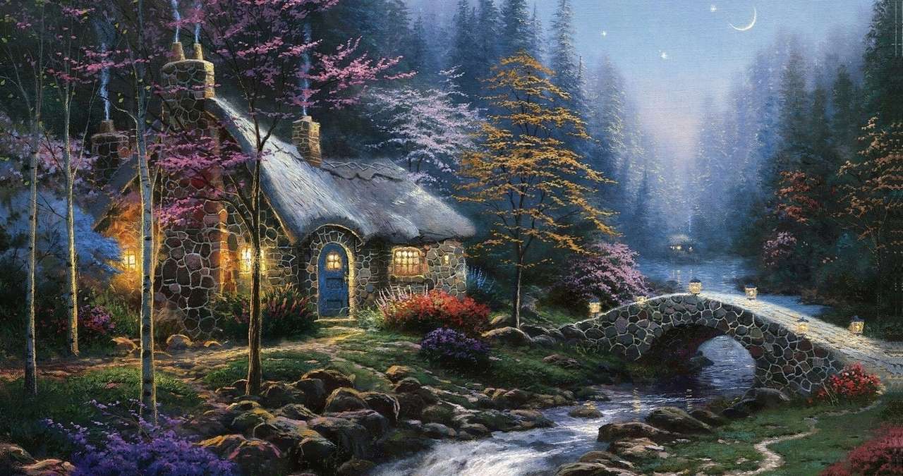 A house in the forest by a stream with a bridge jigsaw puzzle online