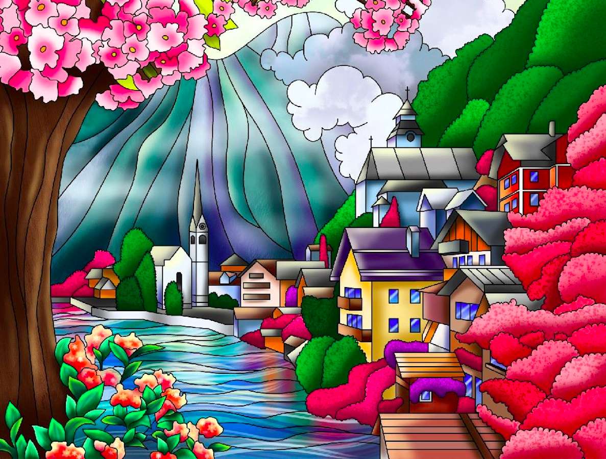 Krásná vesnice u jezera skládačky online
