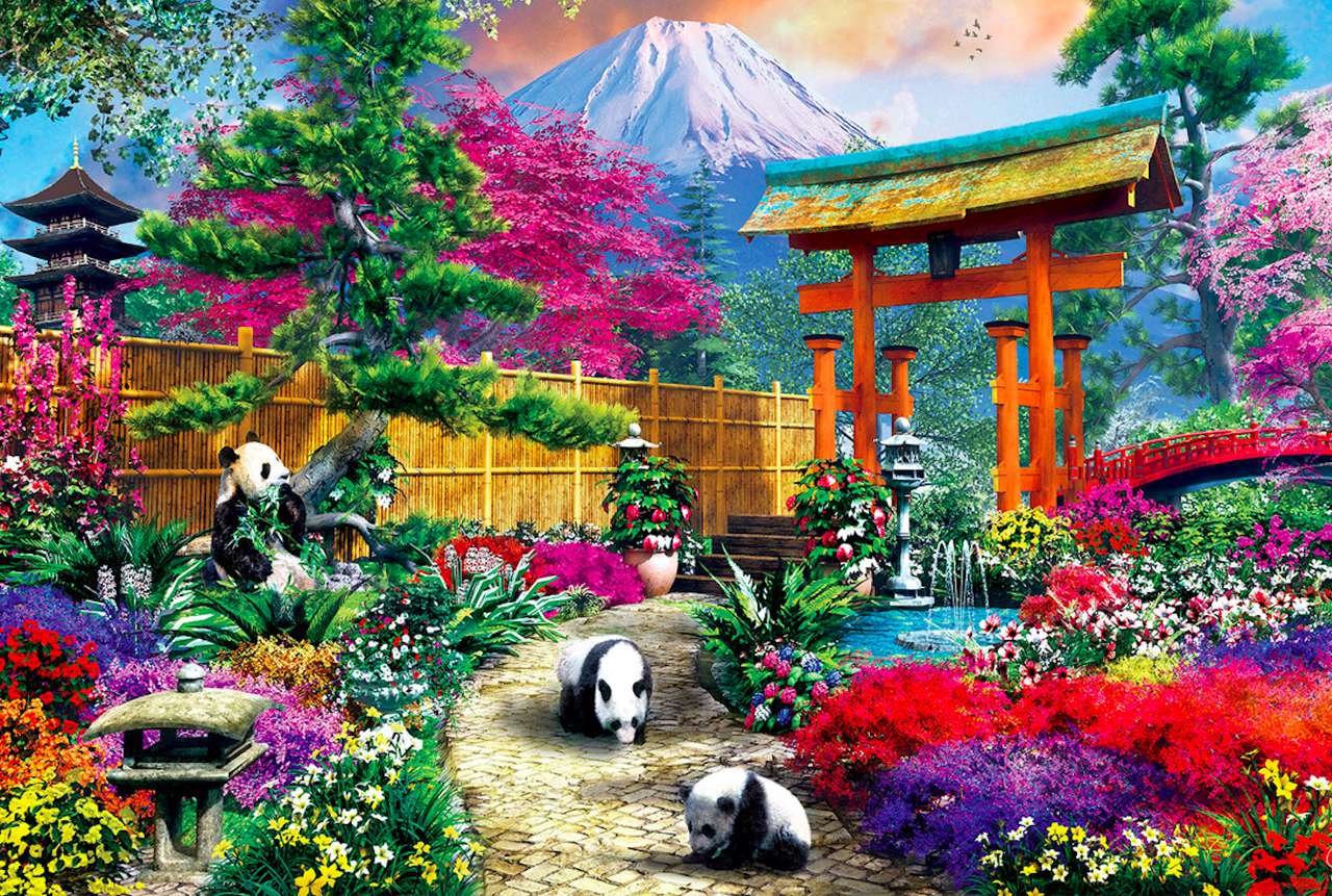 Japánra törő pandák egy gyönyörű kertben kirakós online