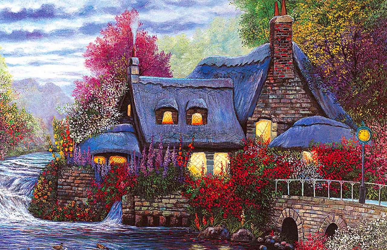 A charming house by the waterfall, a fairytale view jigsaw puzzle online