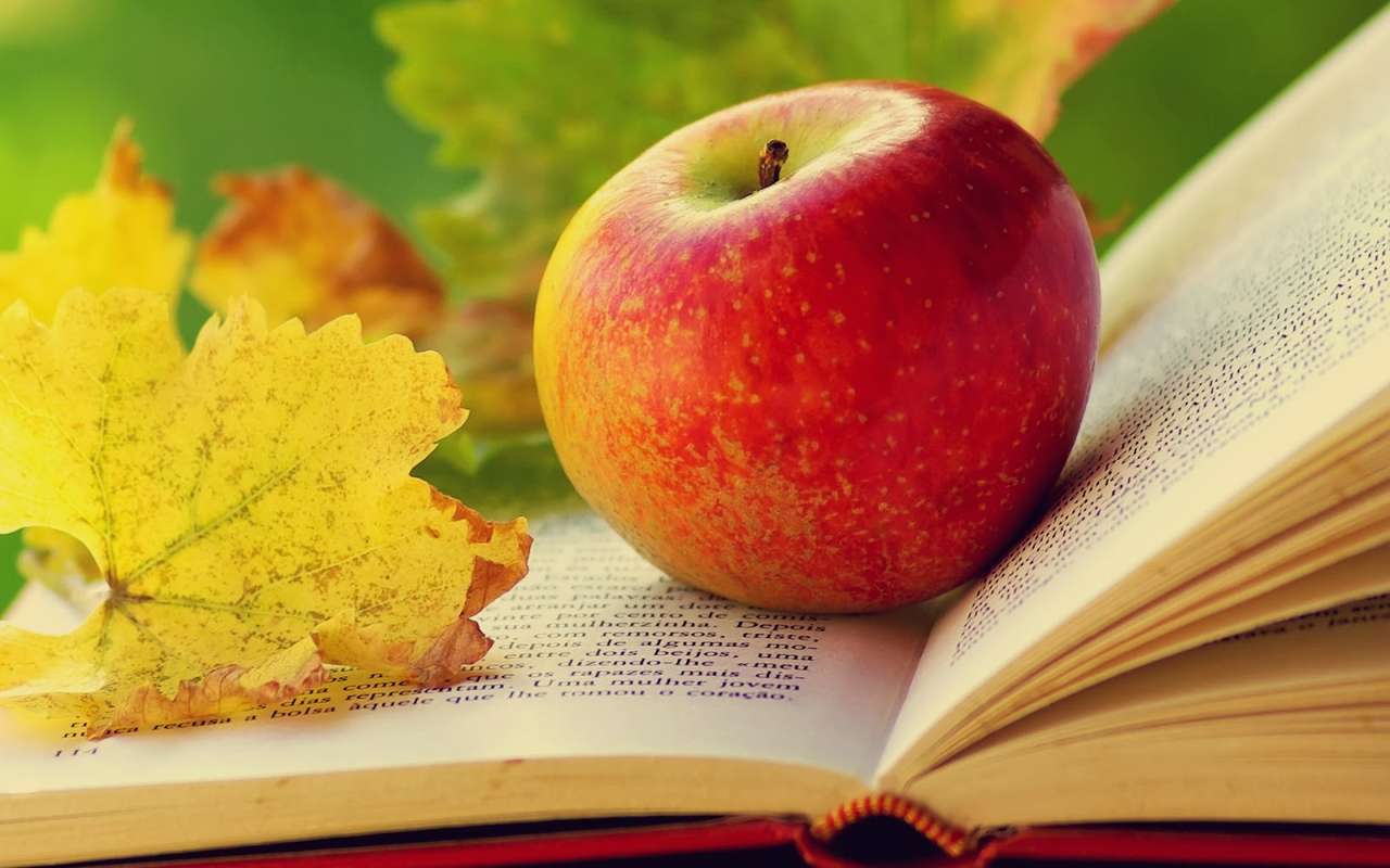 maçã vermelha, folhas amarelas e livro puzzle online
