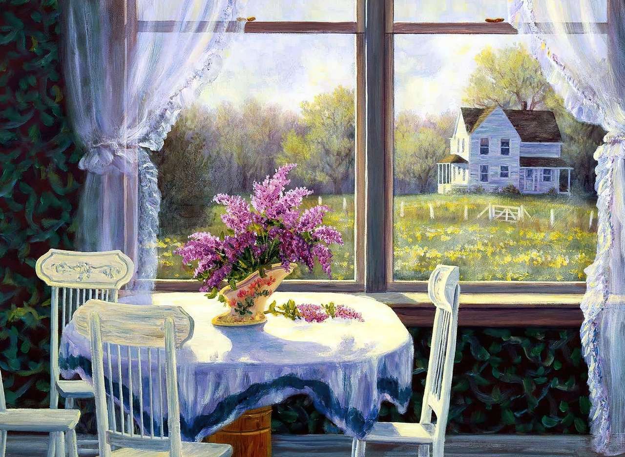 Egy asztal virágokkal és gyönyörű kilátással az ablakból online puzzle