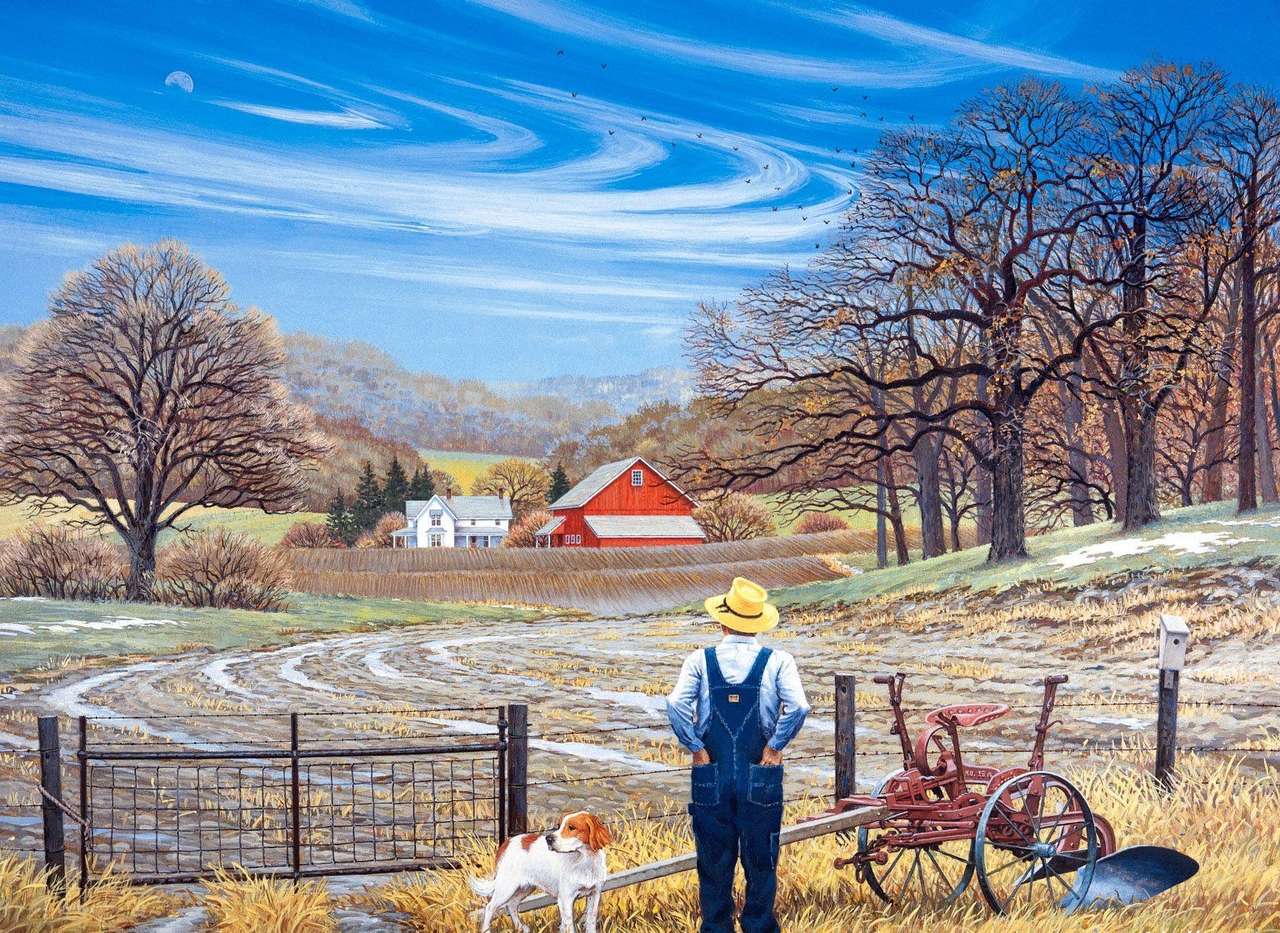 Un contadino con un cane in campagna puzzle online
