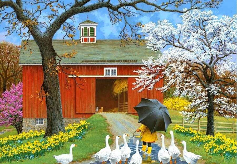 Une promenade sous la pluie avec un troupeau d'oies dans un petit village puzzle en ligne