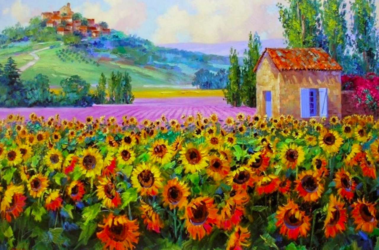 Charmantes kleines Haus zwischen Sonnenblumen und Lavendel Online-Puzzle