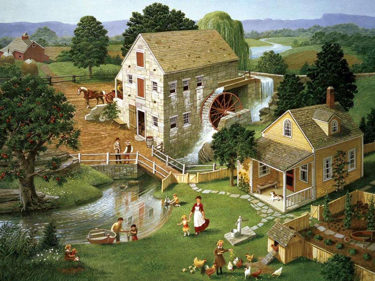 Idyllischer Ort - Kinder, Hühner und eine Mühle :) Online-Puzzle