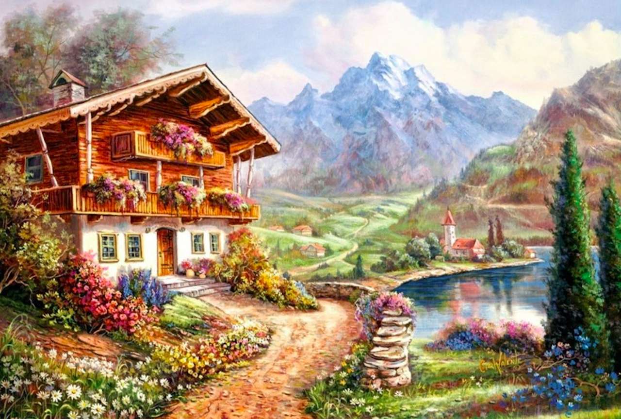 No alto das montanhas fica uma charmosa casa de campo, algo lindo quebra-cabeças online