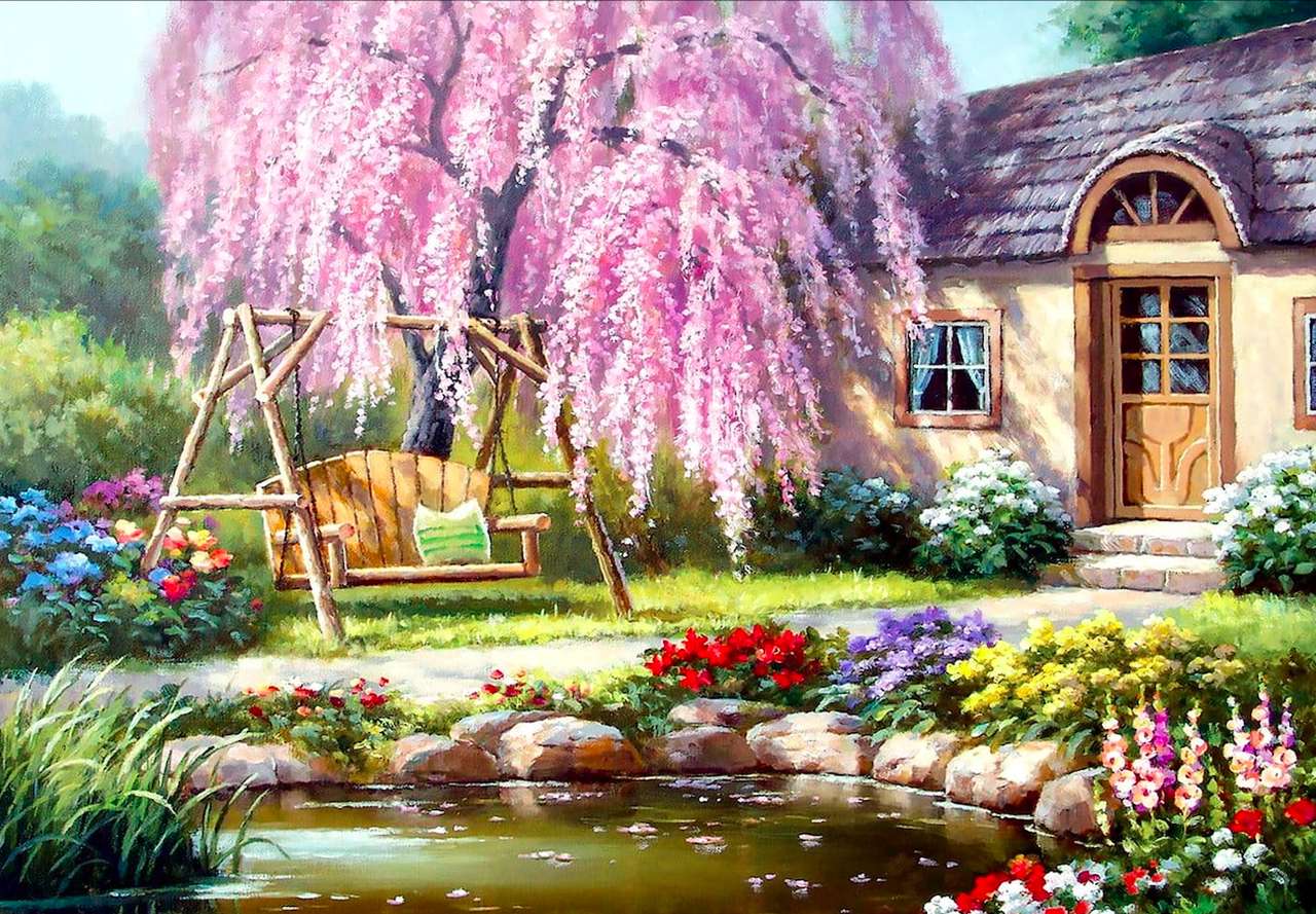Une balançoire sous un saule en fleurs, un étang, le temps de se détendre puzzle en ligne